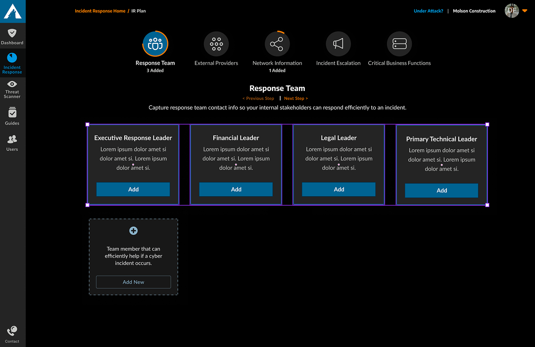 The legacy Response Team step, where each role is a card with an Add button and completeness is tracked card by card